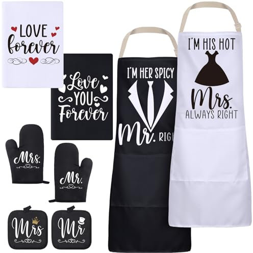 Xtinmee Mr and Mrs Schürzen für Paare, Geschenke für Ehemann und Ehefrau, Schürzen, Handtücher, Ofenhandschuhe, Topflappen, Hochzeitsgeschenke für Sie und Ihn, Schwarz Weiß, as shown in the picture