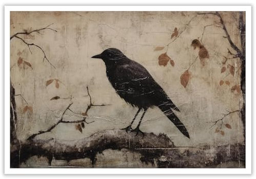 Htdsks Leinwandbild, Retro-Stil, Stimmungsvoller Rabe, Hexe, Halloween-Kunstposter, gruseliger Spukwald, gruselige seltsame Hexe, schwarze Krähe Dekorationen, 30,5 x 40,6 cm, ungerahmt