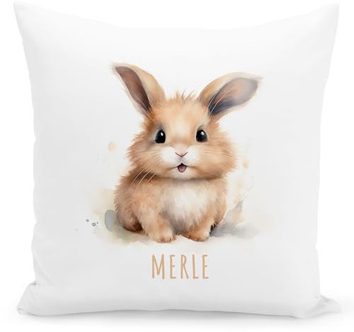 DEL MÀ Unique & Personal Hasen Kissen personalisiert mit Namen Kinderkissen Kuschelkissen Kinder Geschenk Kinderzimmer Deko Junge Mädchen Zierkissen Dekokissen 40x40 cm inkl. Füllung und Bezug