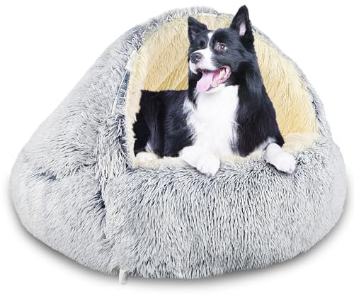 SUOXU Hundebett mit Kapuze und Stützen, Deluxe-Plüsch-Hundehöhlenbett für mittelgroße und kleine Hunde, beruhigendes Anti-Angst-Haustierbett, Abnehmbarer, waschbarer Bezug und rutschfeste Unterseite