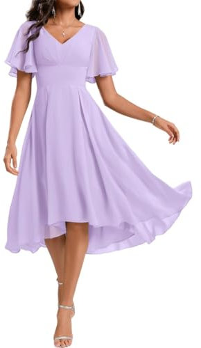 WSEYU Vestido de fiesta de dama de honor hasta la rodilla para jóvenes, cuello en V, plisado, gasa, noche, formal, gala, vestido de jardín, Lila, 48