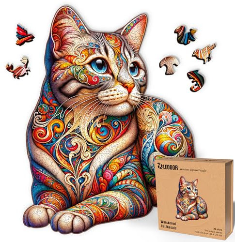 LEOGOR Whiskered Cat Mosaic – Holzpuzzle Erwachsene Katze, 500 Teile – 42,8 × 55,6 cm – 5 mm Dickes Holz, handgeformte Teile, Tierförmiges Mosaikdesign – Magisches Holz Puzzle für Puzzle-Liebhaber