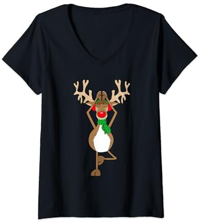 Damen Lustiges Rentier Rudolf Yoga Weihnachten Rentier T-Shirt mit V-Ausschnitt