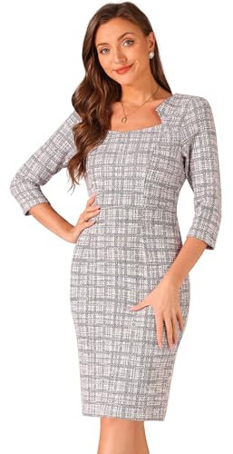 Allegra K Damen 3/4-Ärmel Kariert Arbeitskleid Minikleid Knielang Elegant Kleid Lila Weiß M