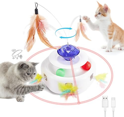 EROMMY 4 IN 1 Elektrisch Interaktives Katzenspielzeug,Diamond Katzenspielzeug Elektrisch USB,Selbstbeschäftigung katzenspielzeug, Automatisch Spielzeug mit Feder&2 Trackball&Zufällige Maus