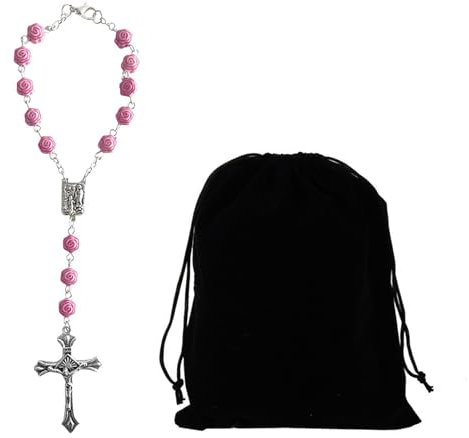 Lilbitty Auto Rosenkranz für Rückspiegel, rosa Rosenkranz-Anhänger, Auto-Innenraum-Rückspiegel-Anhänger, Auto-Dekoration, Auto-Medaille und Kreuz, personalisiert, Rose
