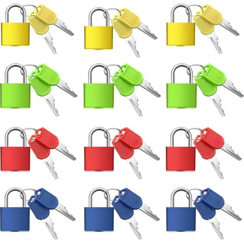 FAURAPMNG Lot de 12 mini cadenas de sécurité en métal multicolore avec clés pour bagages, sacs à dos, sacs pour ordinateur portable, boîtes, armoires de rangement