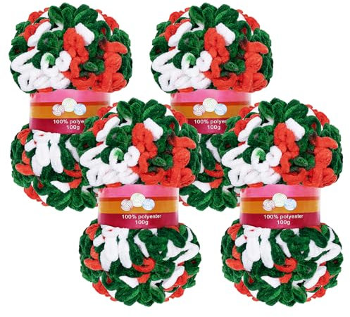 ilauke 4 x 100g Puffy Strickgarn, Mehrfarbig Fingerstrick, Super Bulky Chenillegarn Babywolle Handstrickgarn ohne Nadel zum häkeln weiches Chenille-Garn für DIY Wolldecken Handstrickgarn Weihnachten