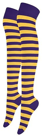 Alanna Jones Women Ladies Girls Stripe Cotton Rich Over the Knee High Socks Stripe Thigh Socks Leg Warmer for Casual Daily Wear UK Size 4-6.5 (Purple Yellow)