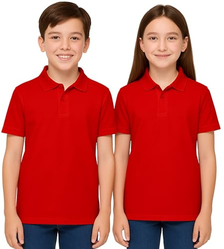NIYS Pack of 2 Boys & Girls Age 4-14 Years School Uniform Polo - White, Grey, Sky Blue Plain Short Sleeve Shirts Sports Wear (UK, Regular, Red)