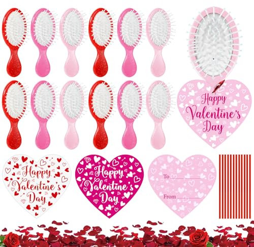 12 Sets Pink Hair Brush with Valentines Cards - Detangle hair brush for Dry and Wet Hair for All Hair Types Mini Hairbrush for travelling Business Trip(12 Brush 12 Gift Cards)