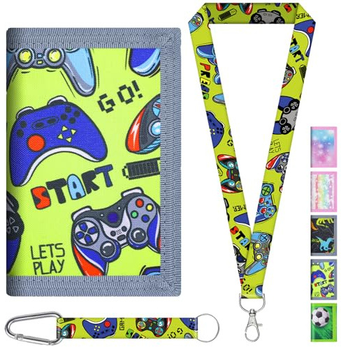 AUNGCSHE Kinder Portemonnaie Jungen, Grüner Spielautomat Brieftasche Kinder Alter 4-12 Trifold Brieftasche Kleine mit Schlüsselband, für Weihnachten und Geburtstag