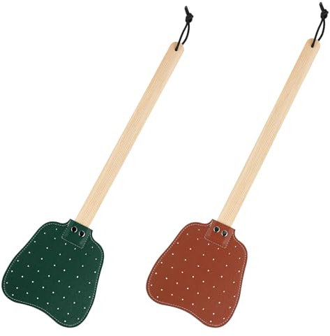 XIHIRCD 2uds Matamoscas de Cuero, Matamoscas Manual con Mango Largo Madera y Cuerda para Colgar Práctico Matamoscas Cuero Resistente Interiores para Moscas Mosquitos Abejas(Marrón, Verde Oscuro)