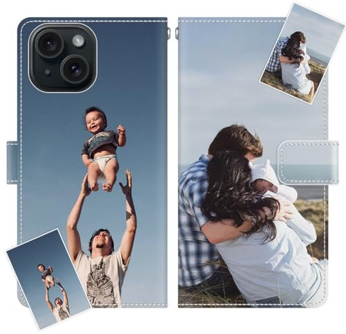 JGOYGYI Personalisierte Leder Handyhülle kompatibel mit iPhone 15,Individuelle Eigenem Foto Bild Text Bildern Foldable Flip Klapphüllen Case hülle+Handykette