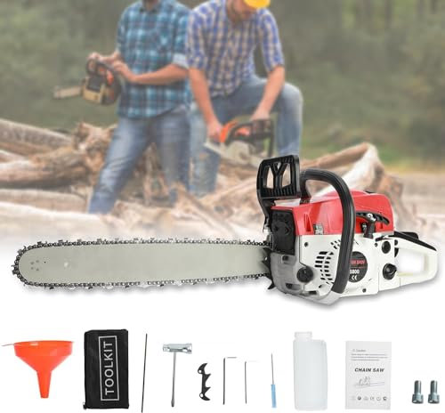 20 Petrol Chainsaw, 58CC 2-Stroke Engine Chainsaw Petrol, Handheld Cordless Chain Saw, High-Power Chainsaw for Wood Cutting and Tree Trimming (Red-2)