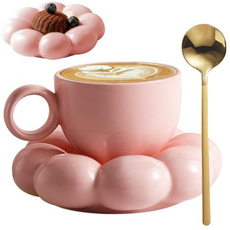 Wedhapy Tasse de café en céramique avec Tasse Nuage de Tournesol Voyage à la cuillère avec Soucoupe 200 ML de thé l'après-midi pour Latte, Tasse de thé Cappuccino et Soucoupe Tasse Nuage Tasse de to