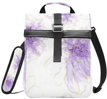 Lonchera aislada con parte superior enrollable para mujeres y hombres, acuarela floral morada, una lonchera plegable con tapa enrollable, bolsa térmica reutilizable con correa para el hombro