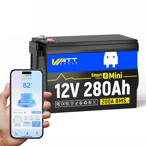 WattCycle Mini batterie au lithium LiFePO4 12 V 280 Ah avec Bluetooth, Batterie LiFePO4 Rechargeable avec BMS 200A, 15000+ Cycles, Pour Camping Car, Système Off-Grid, Bateau, Caravane, Solaire