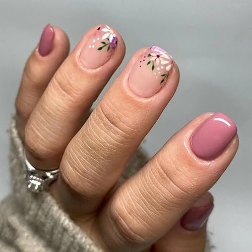 24PCS Short French Tip Press on Nails with Vintage Floral Design – Glossy Stick-on Fake Nails with Adhesive Tabs for Women & Girls, Reusable for Daily Wear
