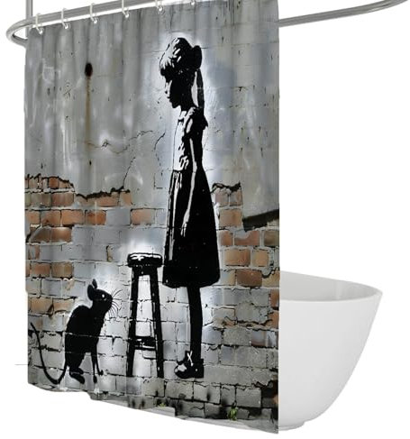MOKOSAISE Surréaliste Urbain Humour Graffiti Rideau de Douche Fille et Rat Noir Silhouette Brique Mur Art Polyester Rideaux de Douche Ensemble léger Lavable W180xL240cm