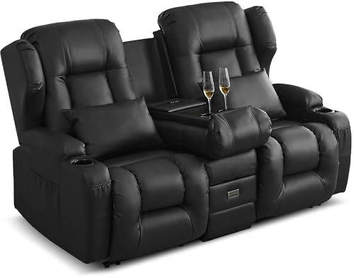 SITURAY 2er Relaxsessel mit Liegefunktion, Zweisitzer Fernsehsessel 2 Sitzer TV Sessel mit Konsole, Manuell Verstellbar Doppel Kinosessel bis 360 kg (Schwarz)