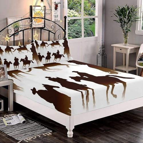 Bettlaken Western-Cowboy Spannbettlaken 90x200cm Junge für Boxspringbett Weiche Mikrofaser Spannbetttuch 3D Bed Sheet mit 2 Kissenbezug für Kinder Erwachsene XCW135
