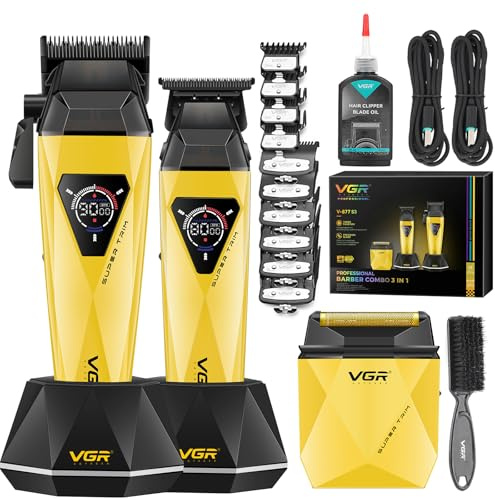 VGR 877S3 Profi Haarschneidemaschine Set mit Titanbeschichtete Rasierer | Kabelloser Haarschneider Herren und Präzisionstrimmer mit 8000/9000 U/min Motor, Barber Set mit Ladestation, LED-Display