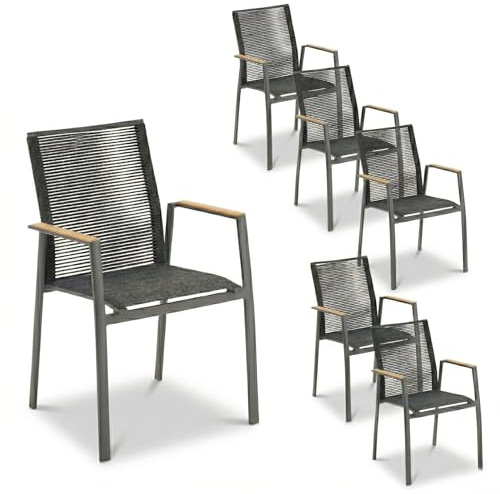 Liadomo Gartenstuhl 6er-Set Limbadi - 6 Stück Stapelstuhl - Aluminium-Gestell - Rope dunkelgrau - Armlehne Teakholz - wetterfest - fertig montiert - stapelbar - für Garten, Terrasse, Balkon