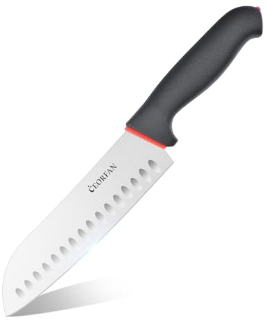 CEORFAN Santoku Knife, 7-Inch Hollow Edge Kitchen Knife | High-carbon steel blade with reduced-stick hollow edge and non-slip PP/TPR handle for professional or home cooking.