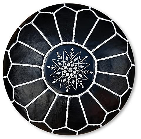 Moroccan Leather Pouffe - Handmade - Delivered stuffed - Ottoman, footstool, floor cushion (Black)