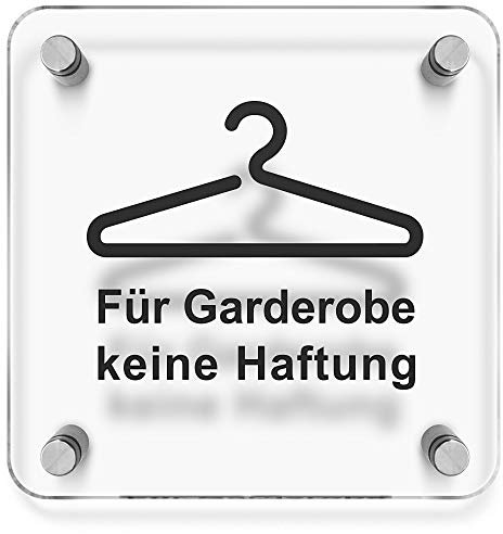 Türschilder24 Wandschild/Türschild • Für Garderobe Keine Haftung • 150 x 150mm. Schild besteht aus hochtransparentem 3mm Acrylglas. Inkl. 4 x Abstandshalter aus V2A Edelstahl