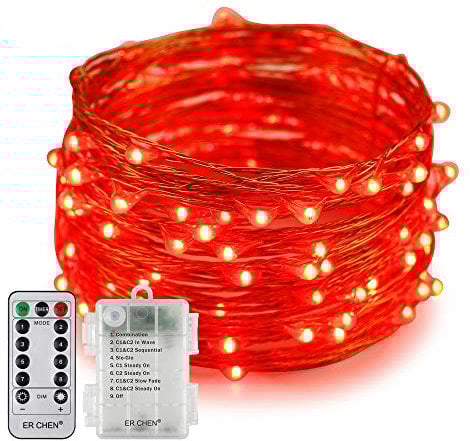 Erchen Battery Operated LED String Lights, Dimmable 33 FT 100 LED Ultra Thin Waterproof 8 Modes Timer Copper Wire Fairy Lights with 13 Key Remote Control for Indoor Outdoor Christmas Party (Red)