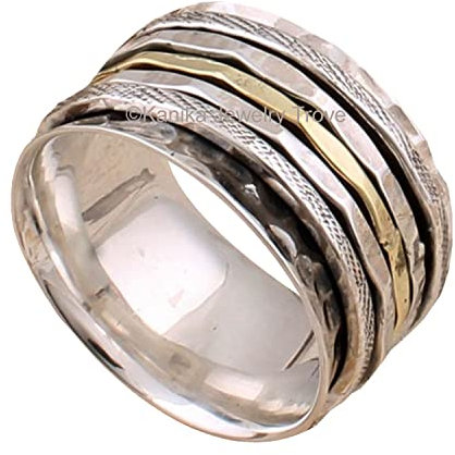 Three Tone Spinner Band Rings, Anxiety Ring for Meditaion, 925 Sterling Silver Band, Brass and Copper Spinning Ring for Women