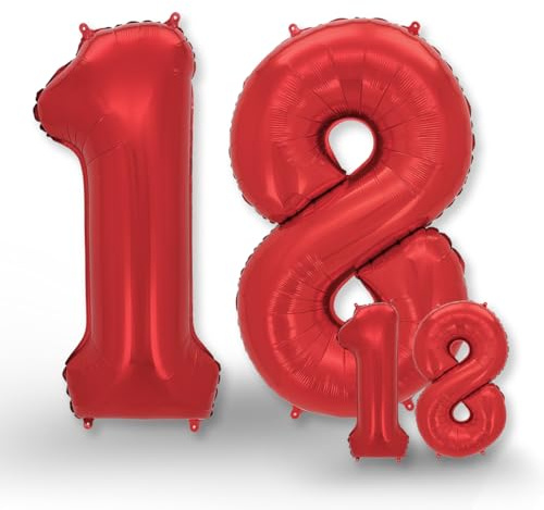 FUNXGO® folienballon 18 rot - 2 Stück - 42 & 17- luftballon zahl 18 - Zahlen rot Ballon 18 Deko zum Geburtstag, Hochzeit, Jubiläum oder Fest, Party Dekoration -100cm & 38cm- ballon rot 18
