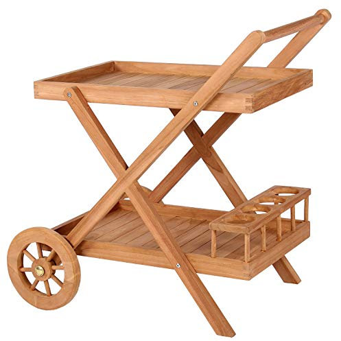 MR. DEKO® Servierwagen Chester Teakholz | Teak - Dinett - Kaffee - Teewagen - Butler - Gartentisch - Outdoormöbel - Teakholz - für Balkon, Terrasse, Wintergarten,Garten