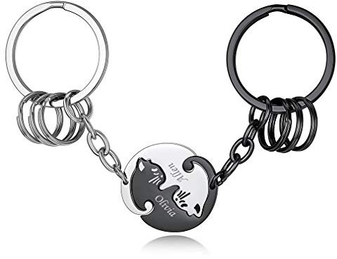 Custom4U 2 PCS Porte Clés Chat Blanc et Noir Prénom Personnalisable,2 Pièces Porte Clef d’Amitié BFF Couple Prénoms Personnalisable