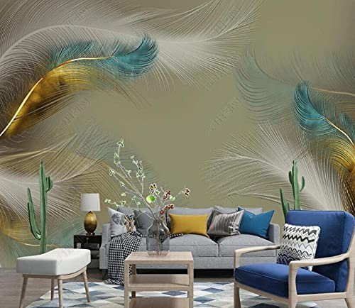 LIWALLPAPER Papier Peint Panoramique Peinture Murale Interieur Plumes D'Or Blanc Bleu Tapisserie Murales Papier Peint 3D Salon Chambre Décoration 350cmx256cm