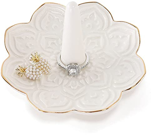 RUIMIC Ceramic White Mandala Jewelry Holder Decorative Ring Holder/Trinket Tray Valentine Engagement Wedding Birthday Gifts for Women Her