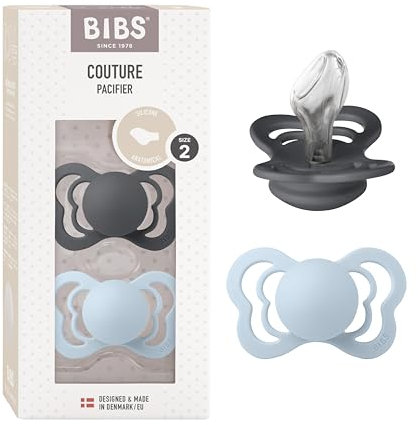 BIBS Couture Schnuller 2er-Pack, BPA-frei, Kiefergerechte Form. Silikon, Hergestellt in Dänemark. 6-18 Monate (2er Pack), Iron/Baby Blue