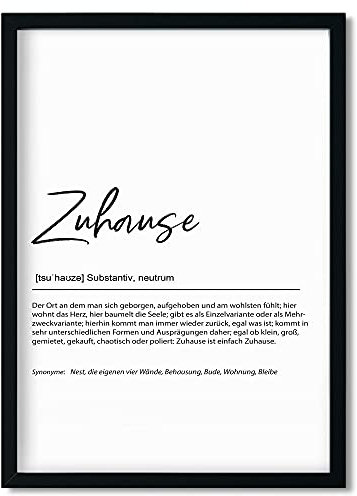 Urhome Kunstdruck Definition Zuhause mit Bilderrahmen Schwarz in DIN A3 - Worterklärung wie im Duden Lexikon Wandbild Wanddeko mit Spruch Holz Rahmen für Wohnung Familie Freunde Geschenk