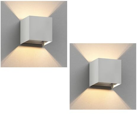 ledscom.de 2 Stück Wandleuchte CUBEL für außen, weiß, IP65, Up & Downlight, quadratisch + LED Lampe 501lm, warmweiß