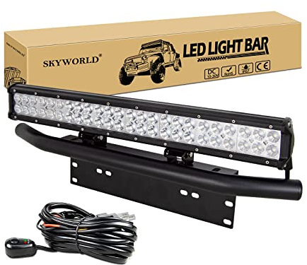SKYWORLD LED-Lichtleiste, 23 Zoll 144W Spot-Flood-Kombistrahl-Arbeitsscheinwerfer 12V 24V mit schwarzer Kennzeichenhalterung Kabelbaum-Kit für LKW PKW ATV SUV 4X4 Auto