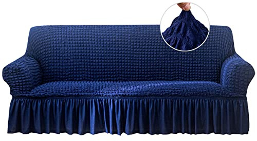 Qubjus Stretch Sofa Slipcover Couch Sofa Covers Washable Furniture Protector Sofa Bed Cover with Elastic Bottom and Skirt for Kids Pets (Blue, Extra Large)