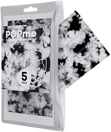 Mascherine Colorate Monouso, Mascherina Chirurgica Colorata CE, con Clip Nasale Adattabile, Bustina con Chiusura Ermetica, Modello Bianco/Nero Tie Dye, 5 Pezzi, POPme