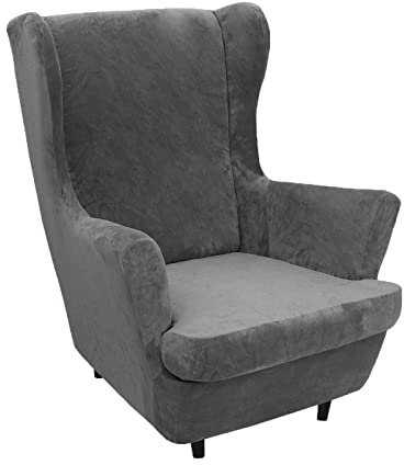 Ohrensessel Überzug Samt 2-Teilig, Elastisch Sesselbezug Mit Armlehne, Hohe Rückenlehne Stretch Tiger Stuhlbezug, Grau