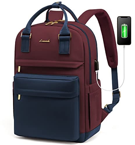LOVEVOOK Laptop Rucksack Damen, 15,6 Zoll Schulrucksack Mädchen mit Laptopfach, Wasserdichter Schultasche Daypack Elegant für Schule Uni Reisen Arbeit, Marineblau Dunkelrot