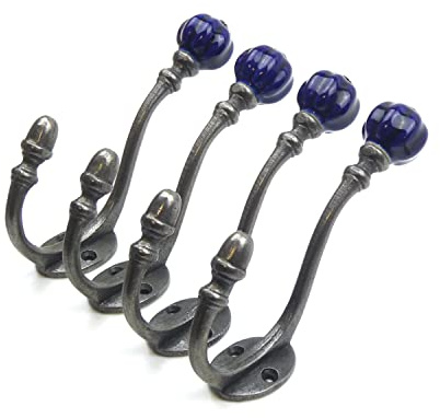 Oakcrafts - Ceramic Tipped Shabby Chic Cast Iron Coat Hook 125mm (Dark Blue) - Pack of 4 Hooks