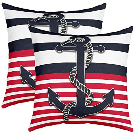 2er Set Kissenbezüge Anker Dekor Kissenbezug Home Dekor Kissenhülle Nautisch Thema Ozean Umkehrbar Kissenbezüge 45x45cm für Küstensee Abenteuer Bettdecke Navigation Blau Roter Streifen Bezug