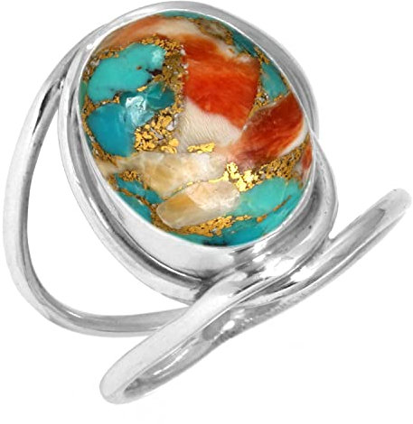 Jeweloporium Multicolor Spiny Oyster Silberring Größe 54 (17,2), 925 Sterling Silber Ring für Damen, Echter ovaler Edelstein Handgefertigter Schmuck