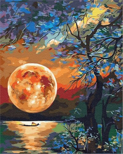 Artnapi Malen nach Zahlen Erwachsene mit Rahmen | DIY Handgemalt | Natur - Mond am See | Kit für Anfänger und Erwachsene | Set inklusive Acrylfarben & Pinsel | 40x50cm Leinwand | Ideal als Geschenk